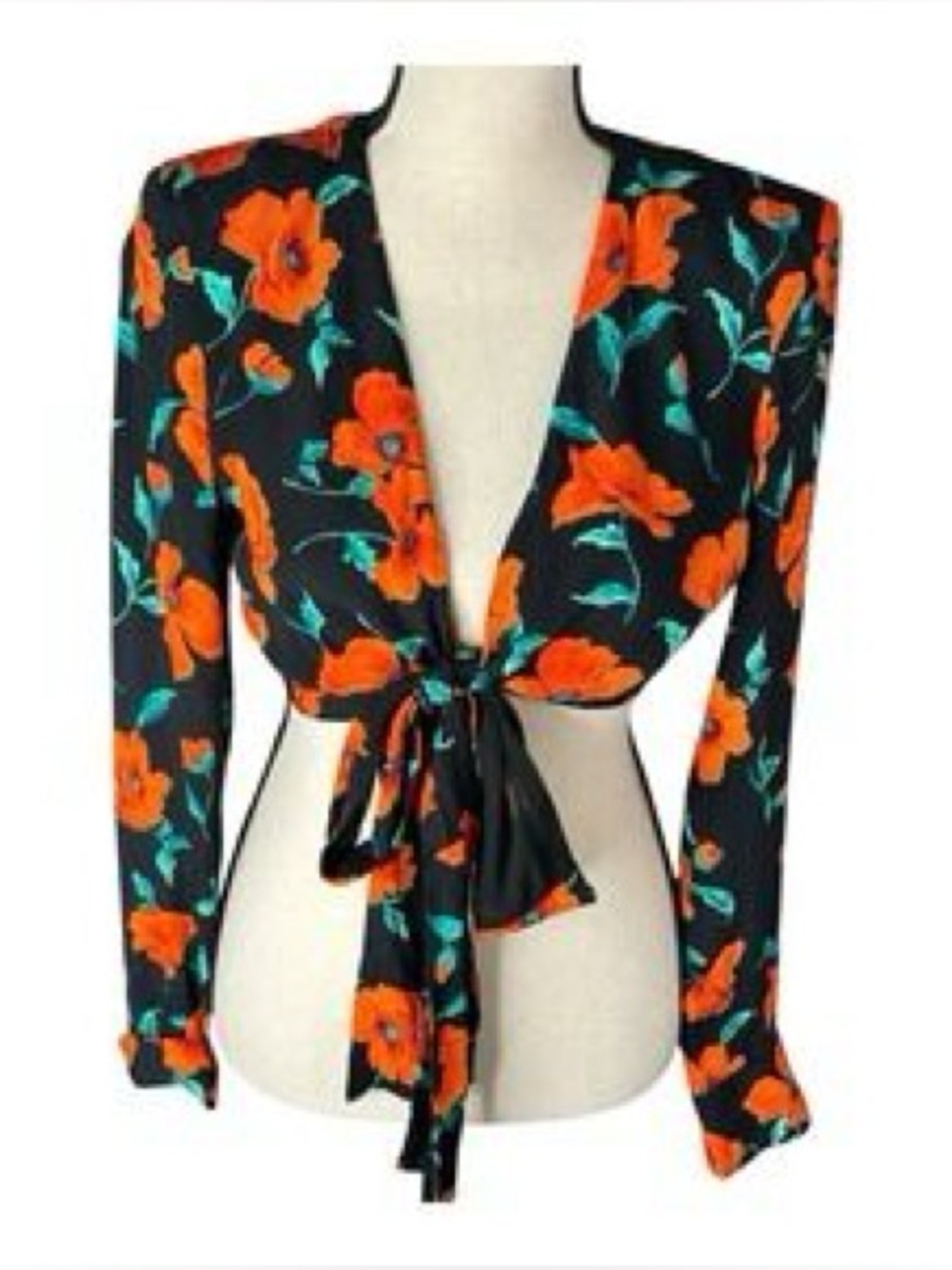 Zara cropped wrap tie front black red poppy floral long sleeve blouse small
